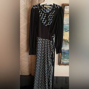 Diane Von Furstenberg Black Geometric Print Long Sleeve Wrap Maxi Dress Size L